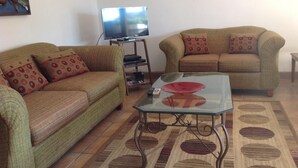 Un salon avec deux canapés, une table basse en verre et un téléviseur posé sur un meuble.