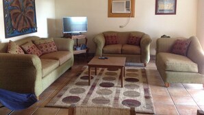 Un salon comprenant deux canapés, une table basse, un téléviseur, un ventilateur de plafond et un tapis à motifs.