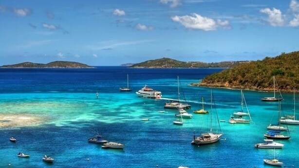 A coastal scene with multiple boats anchored in clear turquoise waters, surrounded by lush green hills under a clear sky. - Grande Bay Luxury 3BR Spectacular Unobstructed View   (Cruz Bay)