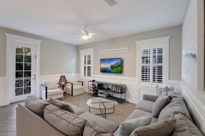 Smart TV, foosball, table tennis, books