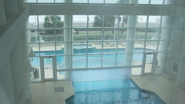 Una piscina interior con vistas a la playa y palmeras.