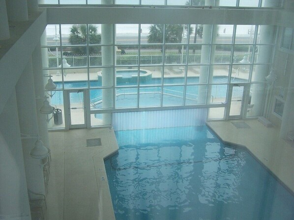 Una piscina interior con vistas a la playa y palmeras.
