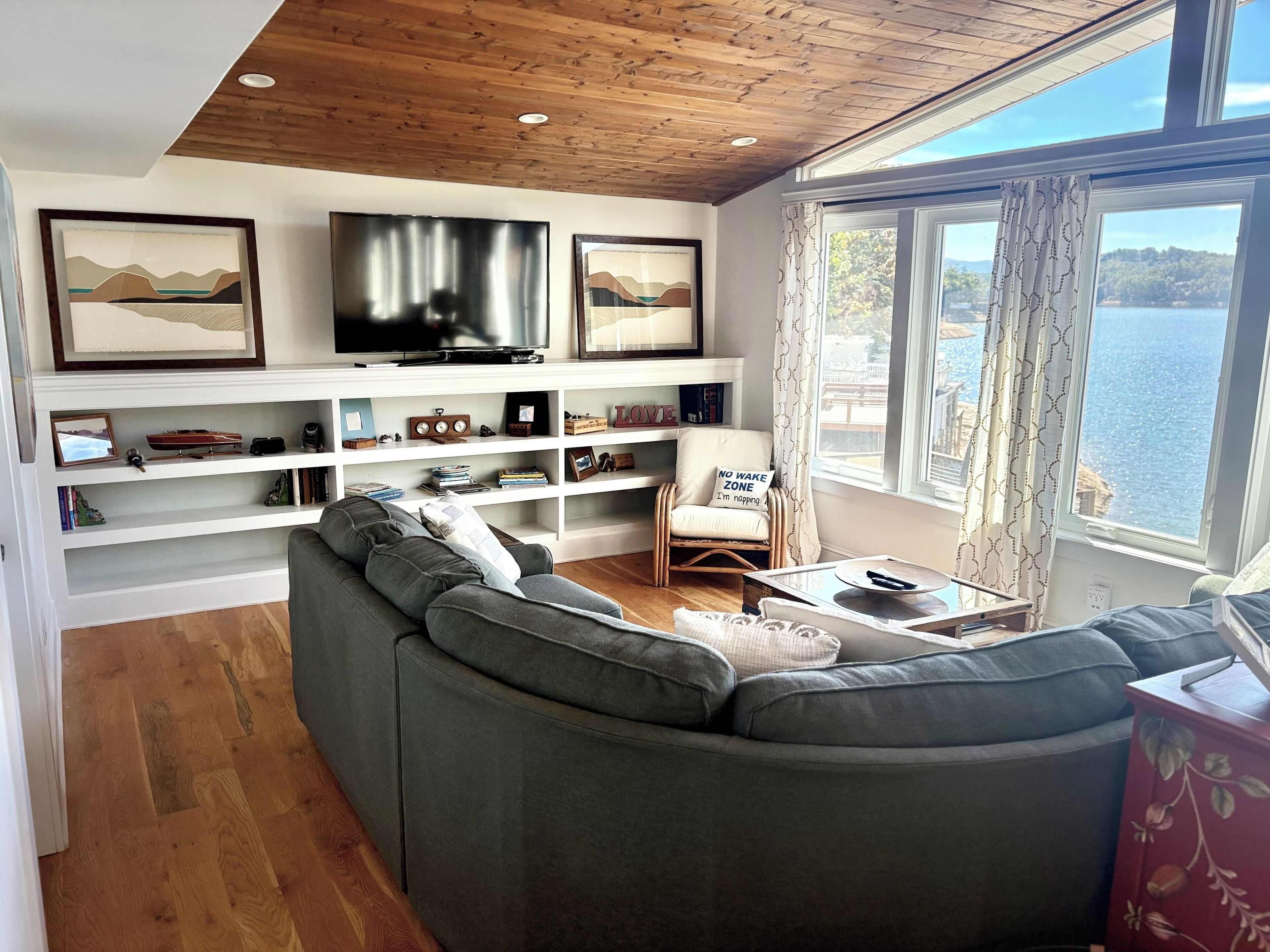 Smart TV, lareira, DVD player, livros