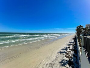 A beach with a clear sky, waves, and a fence with palm trees. - Newly Renovated Oceanfront Pool & Deck- GORGEOUS Ocean Views!!! (Daytona Beach Shores)