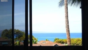 Blick aus einem Fenster auf einen Strand mit Palmen und wolkenlosem Himmel.