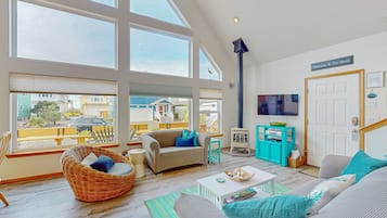 TV, fireplace, DVD player, books