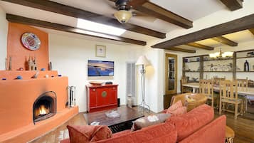 Smart TV, fireplace, books