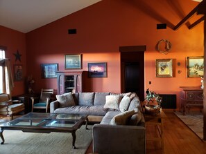 TV, fireplace, DVD player, books