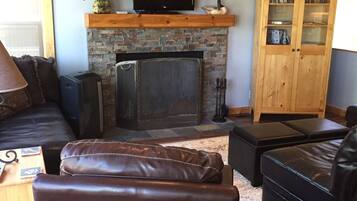 Smart TV, chimenea, reproductor de DVD y libros