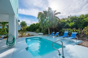 A swimming pool with blue chairs and a hose, surrounded by greenery and palm trees. - Fandango - private pool <br>This is a pet friendly home. A pet fee and approval of your pet is required. (Cudjoe Key)