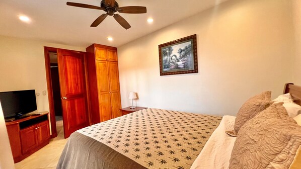 Un dormitorio con cama, televisión sobre un mueble bajo, ventilador de techo y un cuadro en la pared.