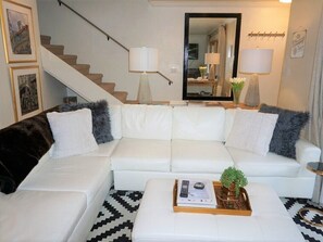 Flat-screen TV, fireplace