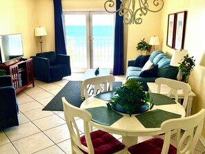 Flat-screen TV, DVD player, books, video library