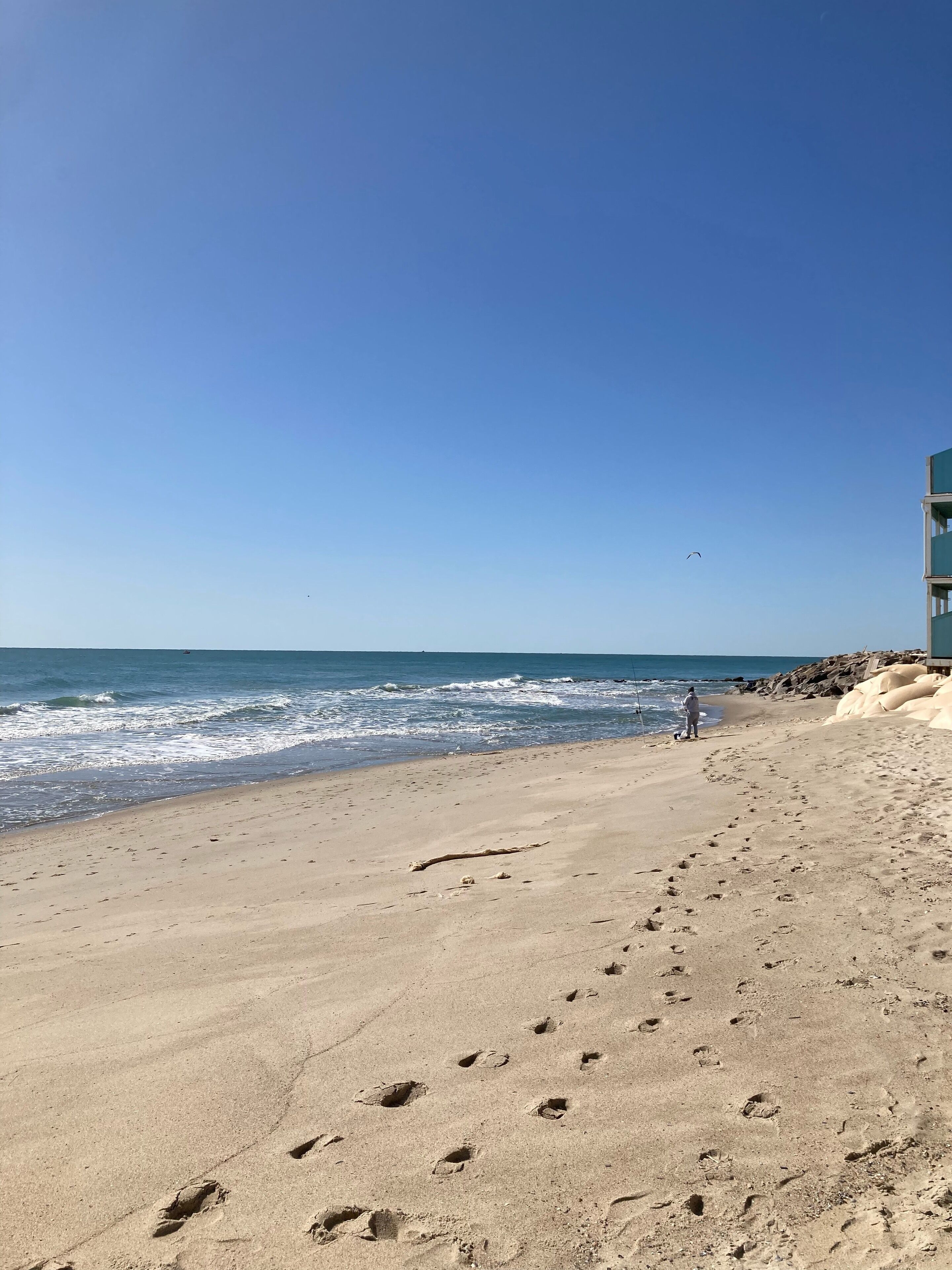 On the beach, sun-loungers