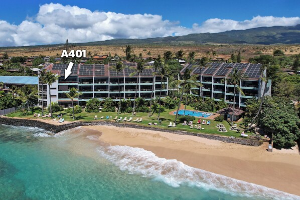 A resort with a beach, palm trees, and a building with solar panels.