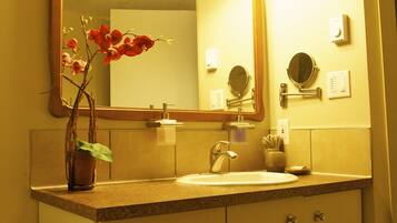 Hair dryer, towels, soap, shampoo