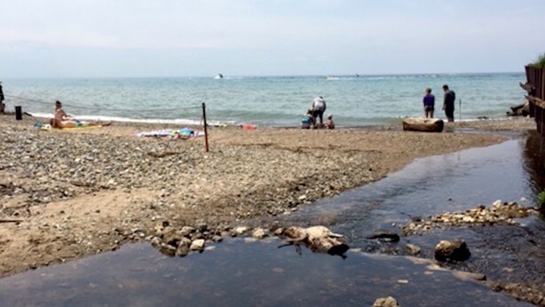 A rocky beach with people and boats in the distance.