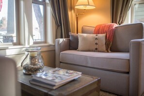 TV, fireplace, books