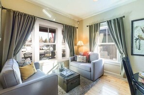 TV, fireplace, books