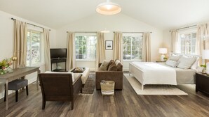 A spacious room with a bed, a sofa, a desk, and a TV. - Lovely Studio/Guesthouse in Lake Oswego (Lake Oswego)