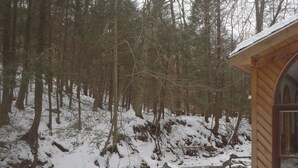 Eine Holzhütte mit einem großen Fenster, umgeben von einem verschneiten Wald und einem Bach.