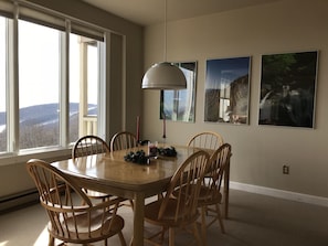 The dining room affords a great mountain view.