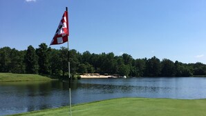 En golfbana med en flagga, en vattenyta och träd i bakgrunden.