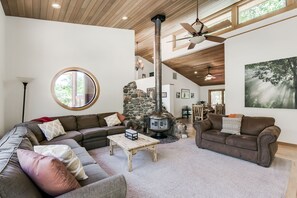 Smart TV, fireplace, DVD player, books