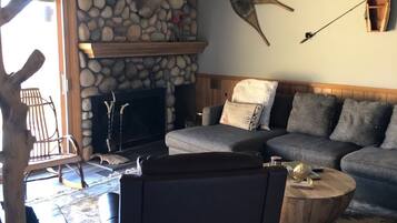 TV, fireplace, books, stereo