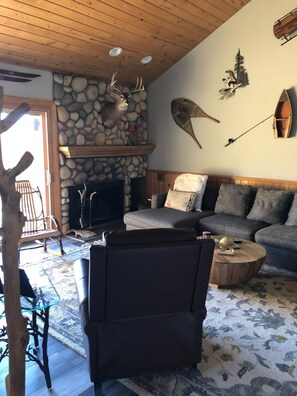 TV, fireplace, books, stereo - Harbor Springs Condo, 2400 Sq. Ft., 5 Bedroom, 3 Bath, 3 Levels, Very Clean (Harbor Springs)