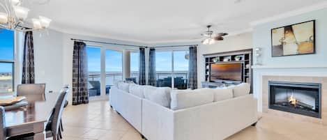 TV, fireplace, video games, DVD player