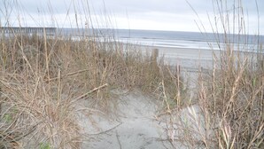 A beach with tall grasses and a pier in the background. - Ocean view, Pet Friendly house with private swimming pool! Sleeps 10. (North Myrtle Beach)
