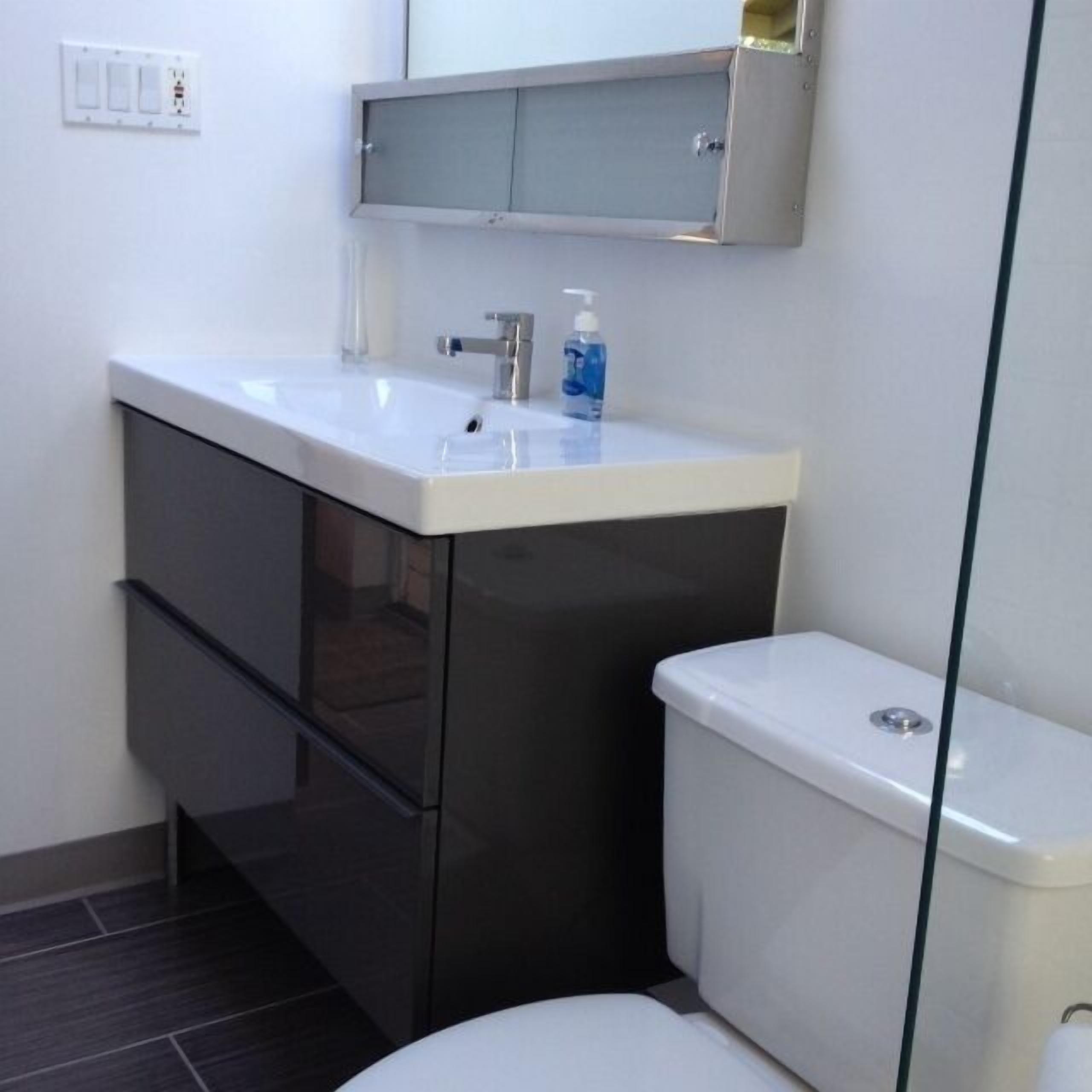 Une salle de bain moderne avec un lavabo blanc, des meubles de rangement de couleur sombre et des toilettes blanches.