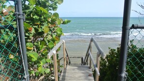 A wooden staircase leading to a beach, surrounded by greenery and a chain-link fence.