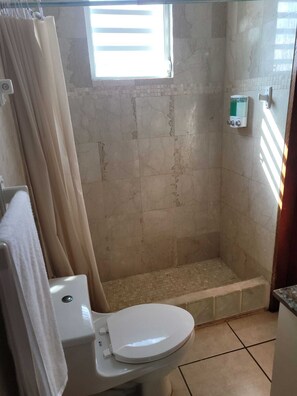 Een badkamer met douche, toilet en een raam.