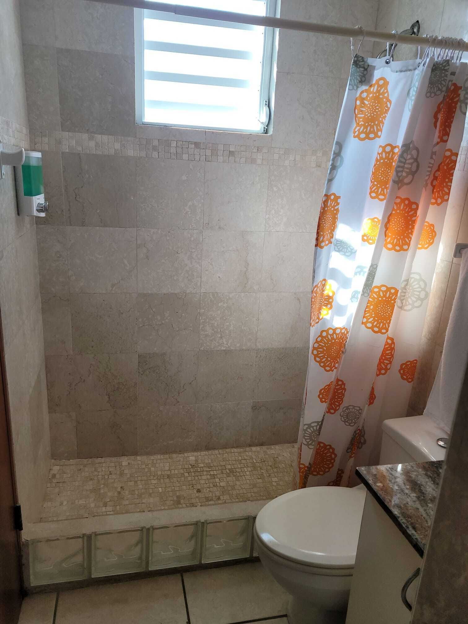 A bathroom with a shower, toilet, and a window.