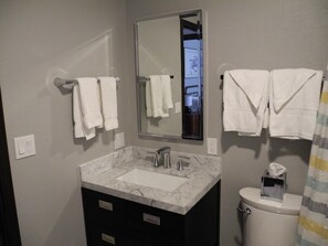 Hair dryer, towels, soap, shampoo