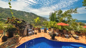 A pool area with a waterfall feature, lounge chairs, and potted plants.