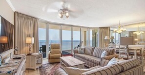 TV - Oceanfront 2-bedroom condo in Panama City Beach, sleeps 8, ideal for families. (Panama City Beach)