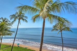 On the beach, sun loungers, beach towels