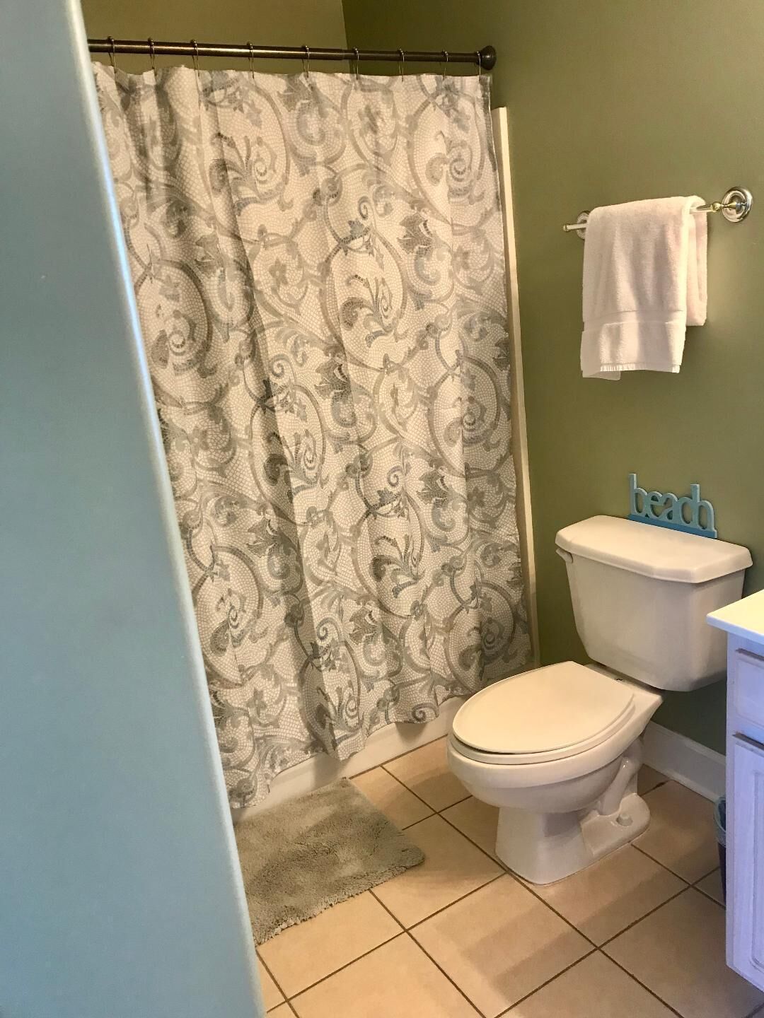Ein Badezimmer mit einem duschgemusterten Vorhang, einer Toilette und einem Handtuchhalter.