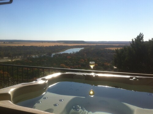 Brazos River View Large Covered Private Deck with Hot Tub and Fire Pit