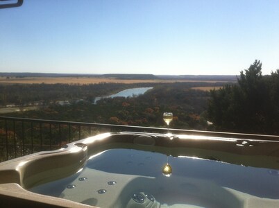 Brazos River View Large Covered Private Deck with Hot Tub and Fire Pit