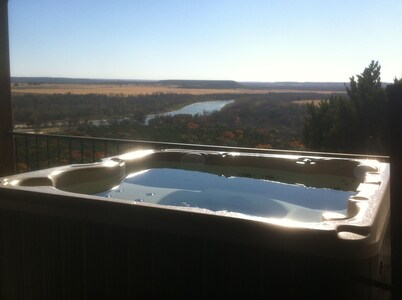 Brazos River View Large Covered Private Deck with Hot Tub and Fire Pit