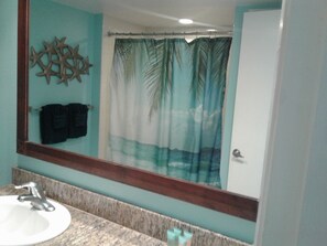 Combined shower/tub, hair dryer, towels, toilet paper