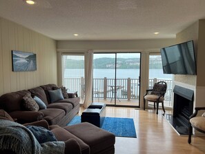 Smart TV, fireplace, DVD player, books