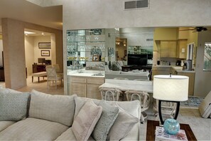 Smart TV, fireplace, video games, DVD player