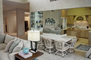 Smart TV, fireplace, video games, DVD player