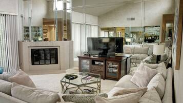 Smart TV, fireplace, video games, DVD player