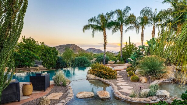 A landscaped pool area with a stone pathway, palm trees, and various desert plants. - LUXURY 5 acre Property Heated Pool ~ See our Reviews!! (Scottsdale)